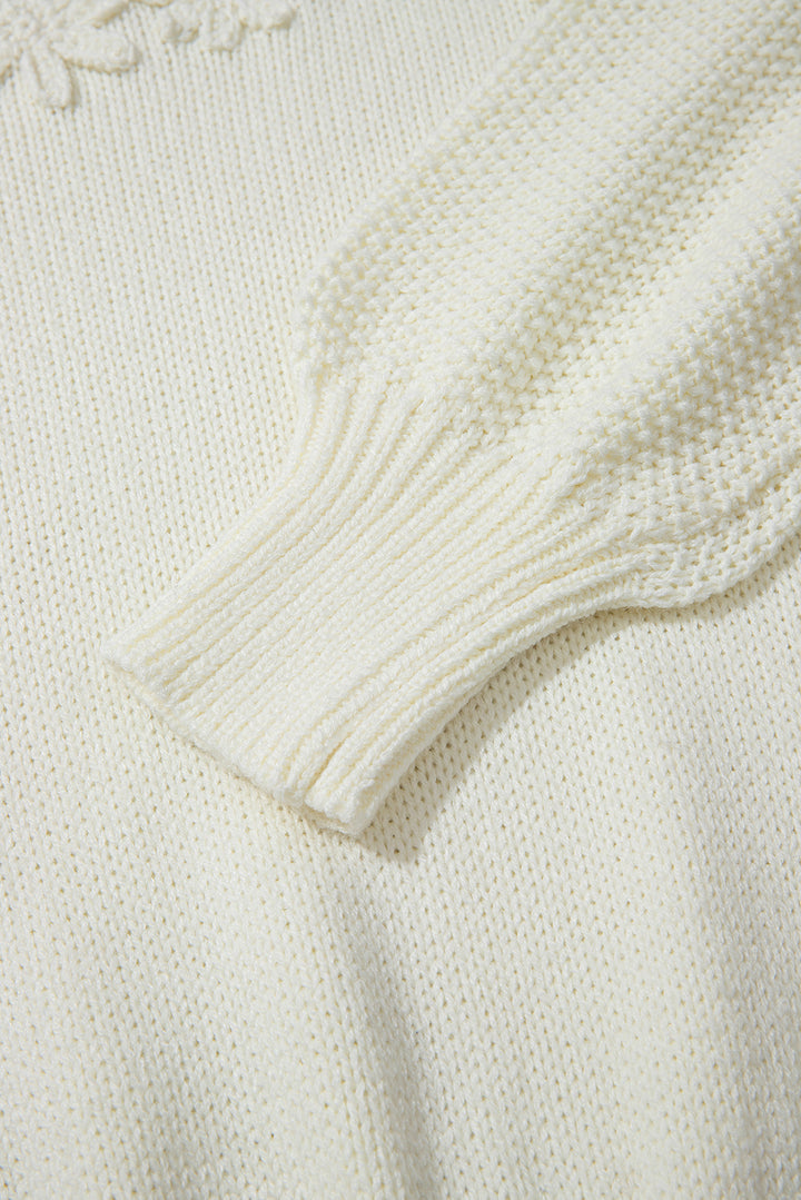 White Flower Detail Round Neck Contrast Textured Puff Sleeve Sweater