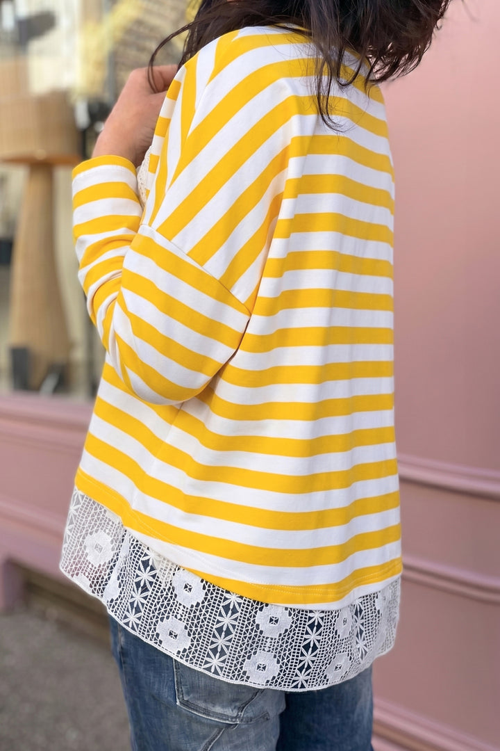 Yellow Stripe Striped Lace Patchwork V Neck Long Sleeve Top