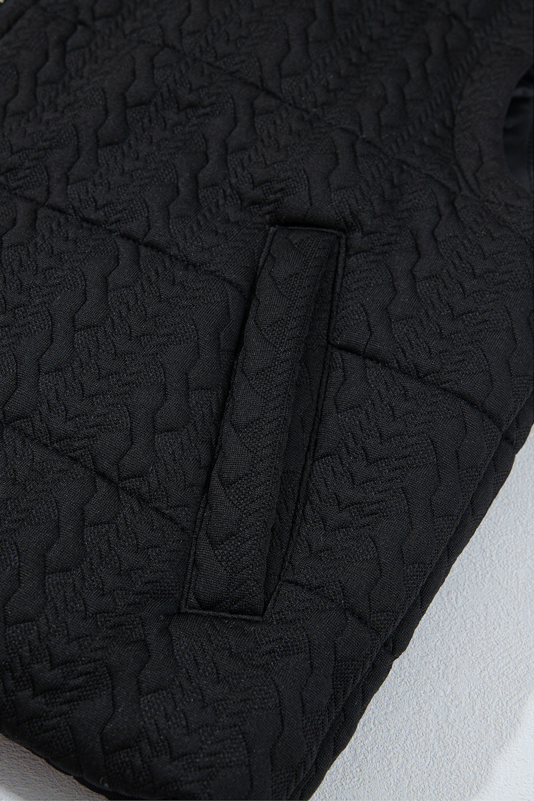 Black Textured Quilted Stand Neck Zipper Winter Vest