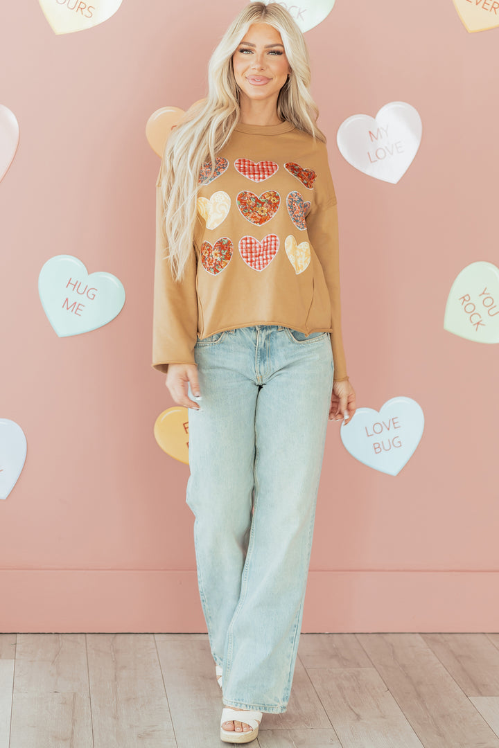 Straw Yellow Plaid Floral Heart Stitched Exposed Seam Mineral Wash Sweatshirt