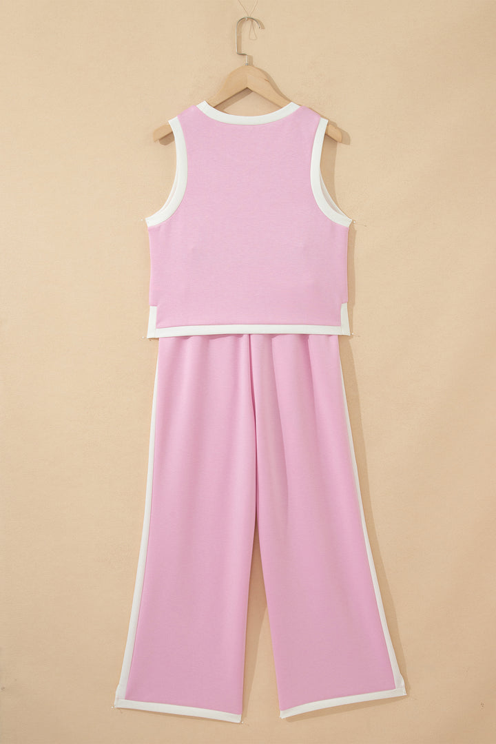 Sky Blue Colorblock Trim Cropped Tank Elastic Waist Shift Pants 2pcs Set