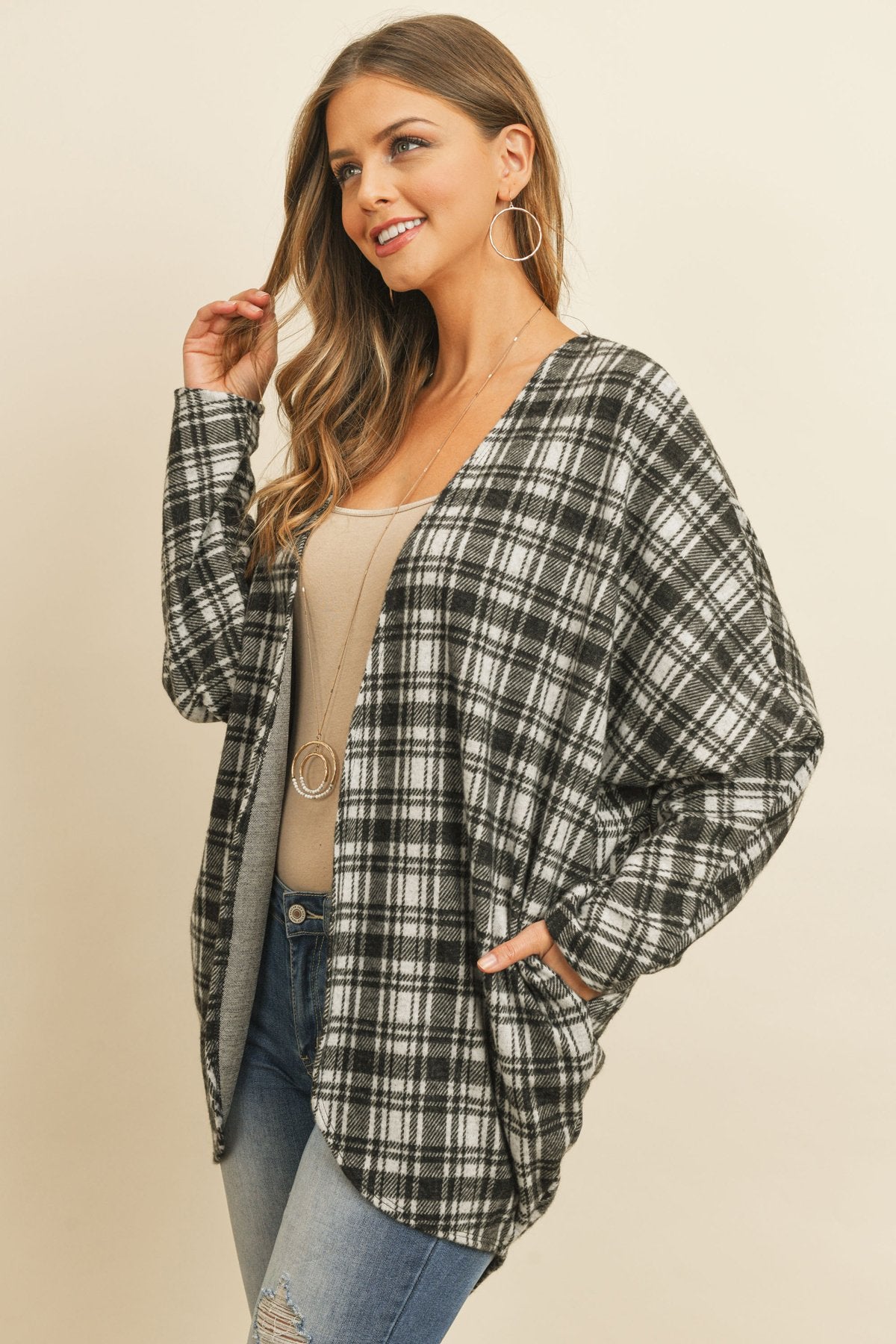 Plaid Round Hem Pocket Open Cardigan