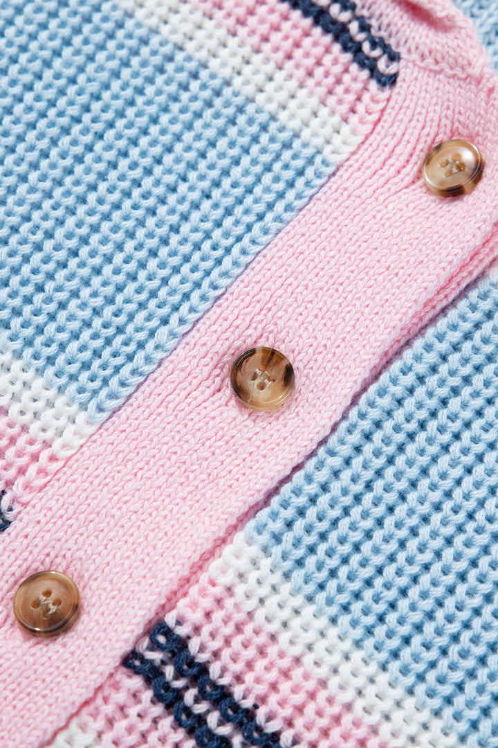 Sky Blue Stripe Striped Button Collar Long Sleeve Shift Fit Winter Knitwear Sweater