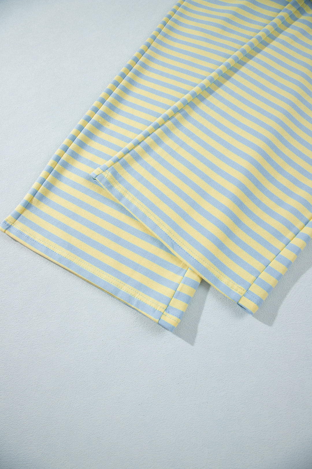 Pink Stripe Colorblock Trim Crew Neck Loose Tee Drawstring Elastic Waist 2pcs Pant Set