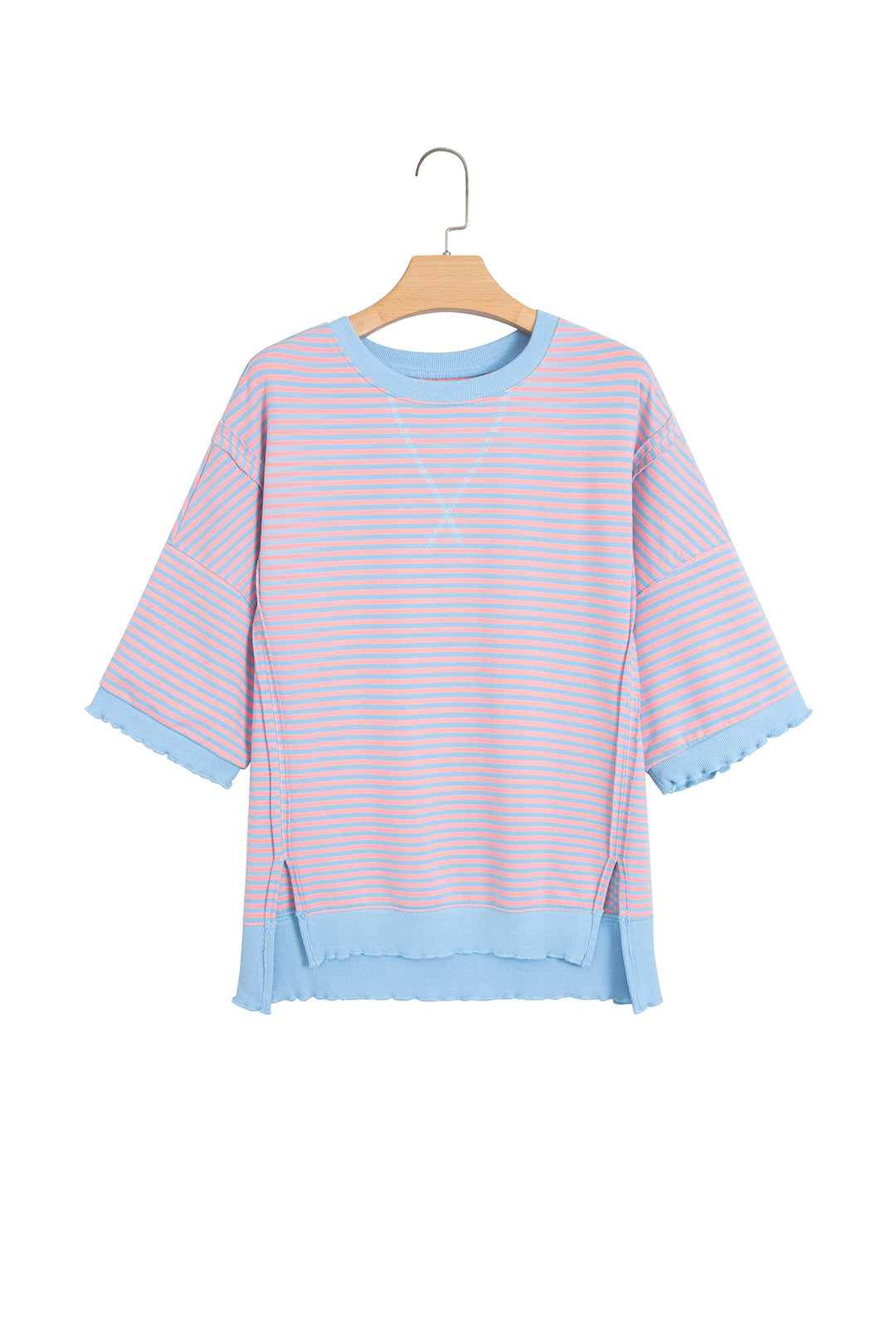 Sky Blue Stripe Colorblock Scalloped Trim Loose 3/4 Sleeve Top