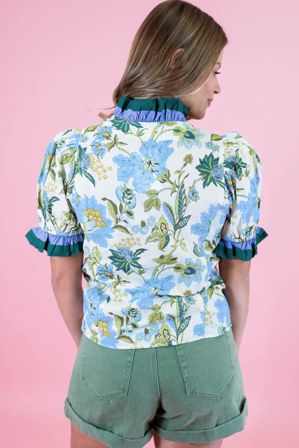 Beige Floral Print Contrasted Frilled Striped Trim Short Sleeve Blouse