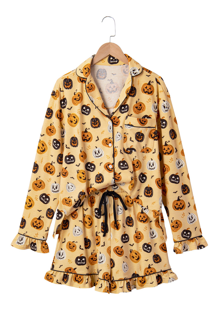 Orange Long Sleeve Ruffle Pumpkin Face Print Two Piece Lounge Set