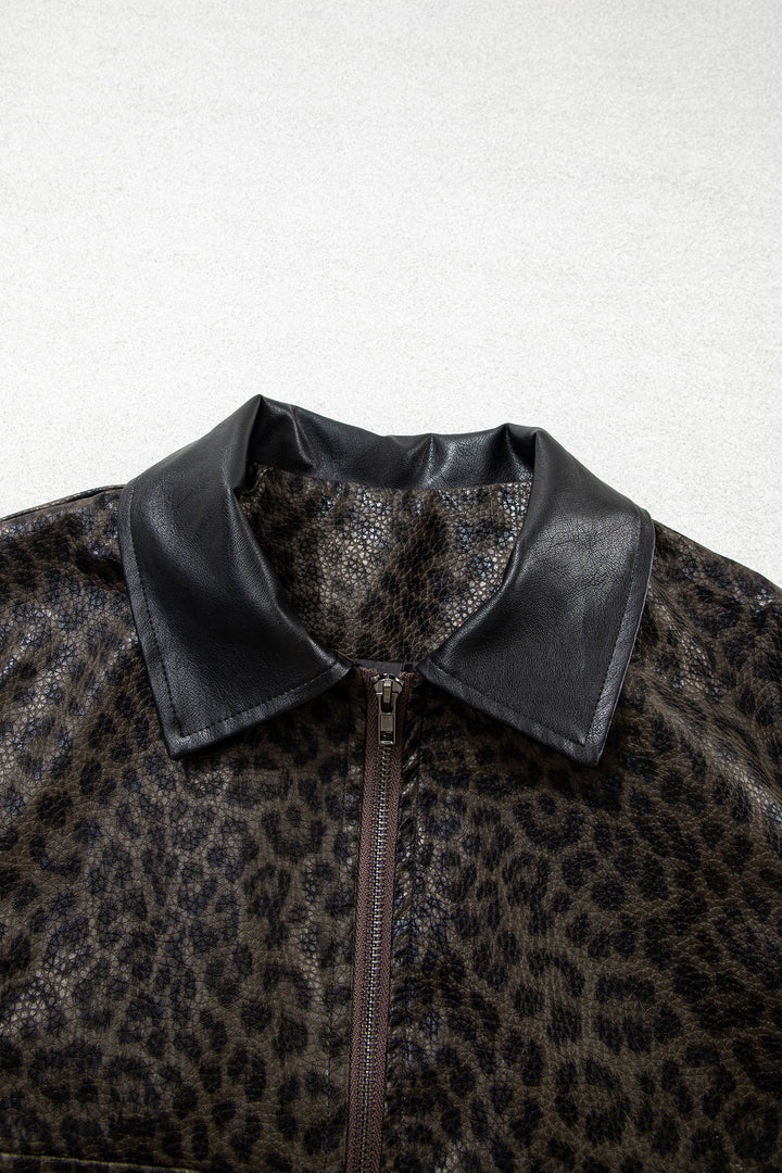 Multicolour Leopard Print Colorblock Collar Metal Placket Jacket