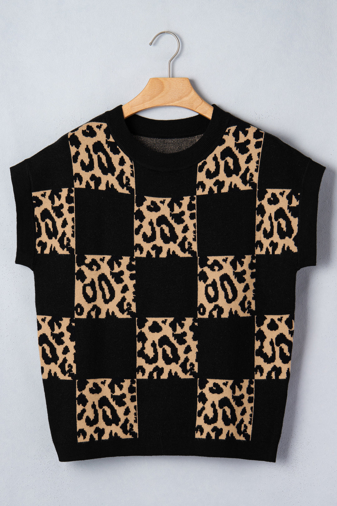 Black Leopard Checkerboard Short Sleeve Knit Sweater