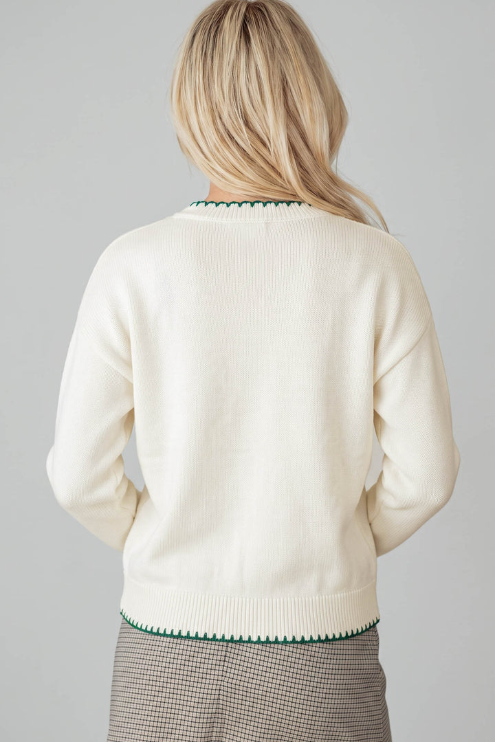 Beige Stitched Detail Christmas Tree Holiday Casual Sweater