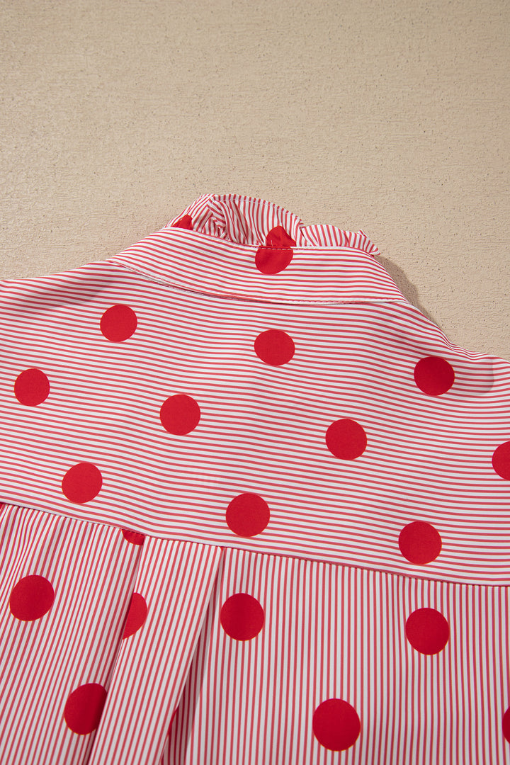 Black white Polka Dot Striped Print Ruffle Stand Neck 3/4 Sleeve Shift Shirt