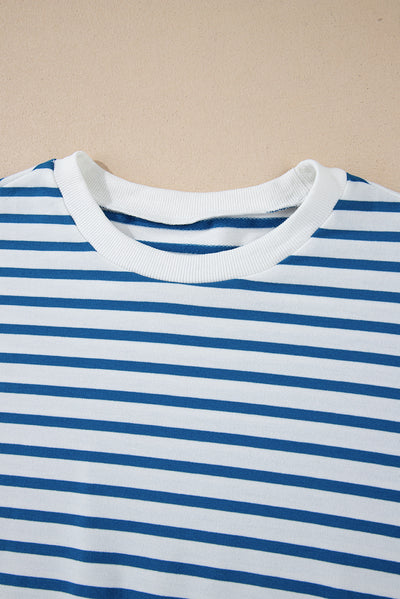 Blue Stripe Drop Shoulder Crew Neck Loose Sweatshirt