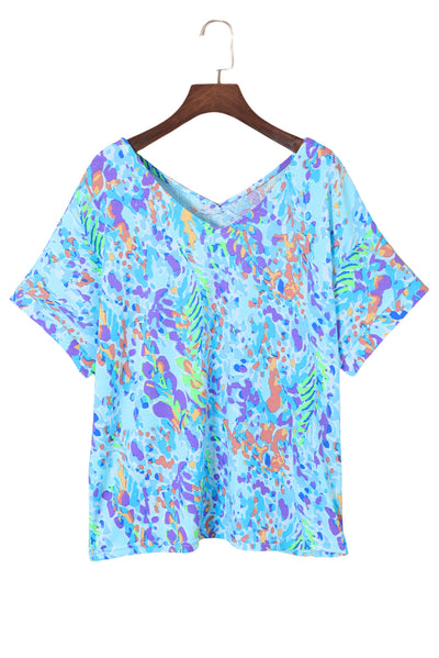 Sky Blue Loose Painted Floral Tee