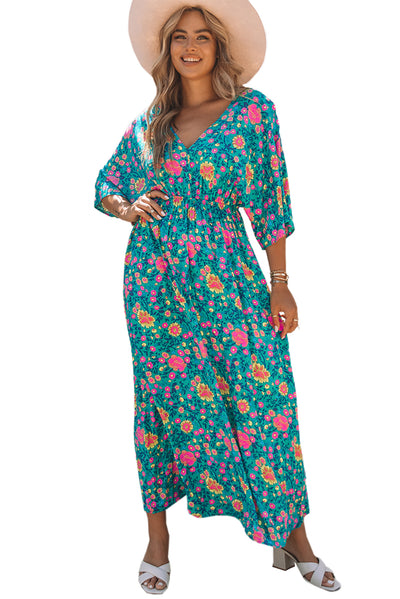 Green Boho Deep V Neck Floral Maxi Dress