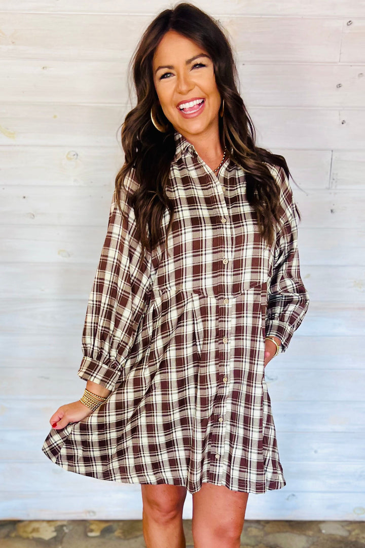 Brown Plaid Long Sleeve Short Shift Mini Dress