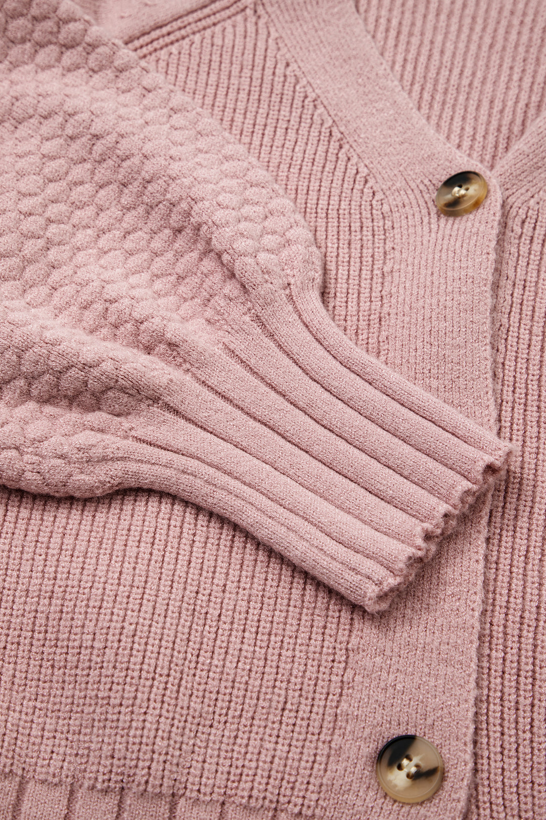 Light Pink Mixed Texture Knit Button V Neck Sweater Cardigan