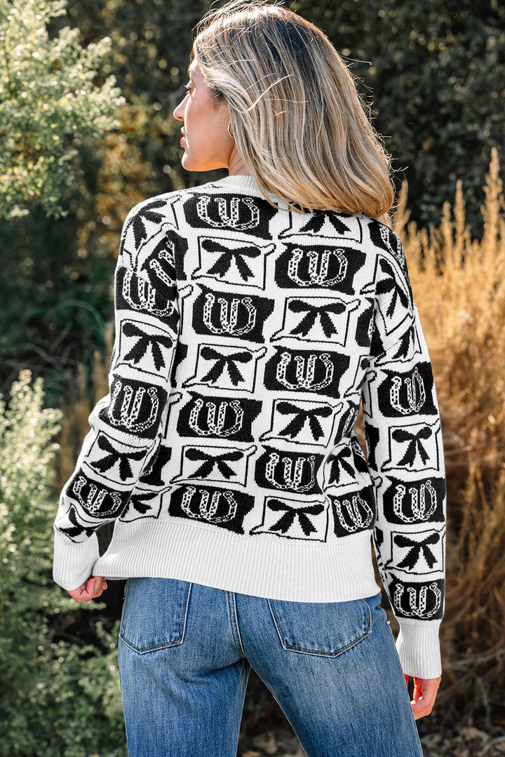 Black Bows &amp; Horseshoes Pattern Western Fashion Print Sweater