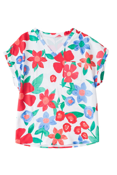 Flower Print Chest Pocket V Neck Blouse