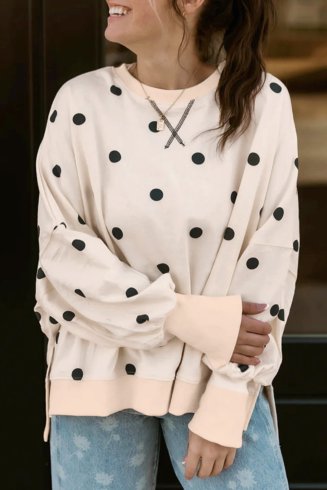 Beige Loose-fit Long Sleeve Round Neck Polka Dot Tunic Sweatshirt