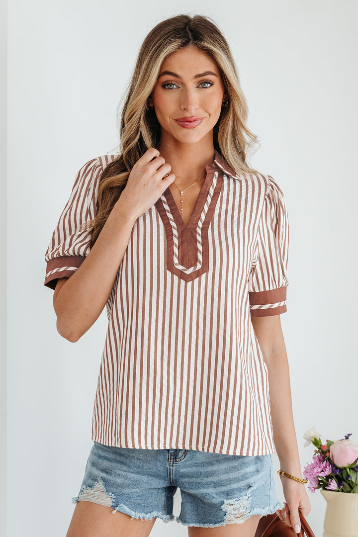 Khaki Stripe Collared Split Neck Short Bubble Sleeve Blouse