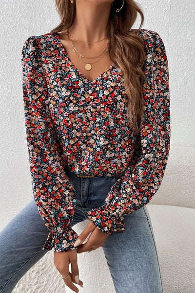 Fiery Red V Cut Lace Patch Tie-up Ruffled Puff Sleeve Floral Blouse