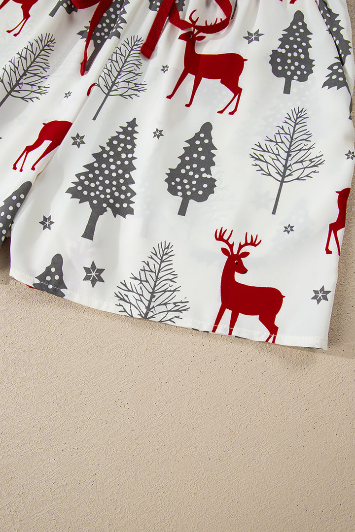 White Christmas Fashion Print Velvet Trim Bow Knot Pajama 2pcs Short Set