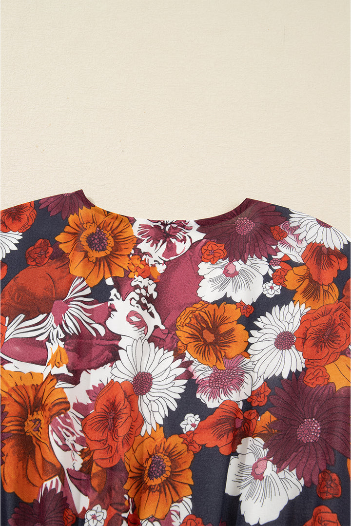 Red Floral Print Wrap V Neck Puff Sleeve Flowy Mini Dress