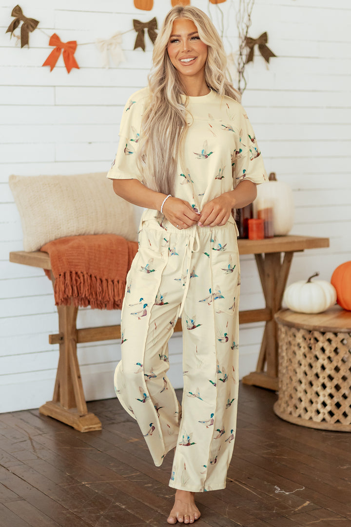 Beige Duck Print Short Sleeve Top Pocket Pants 2pcs Casual Set