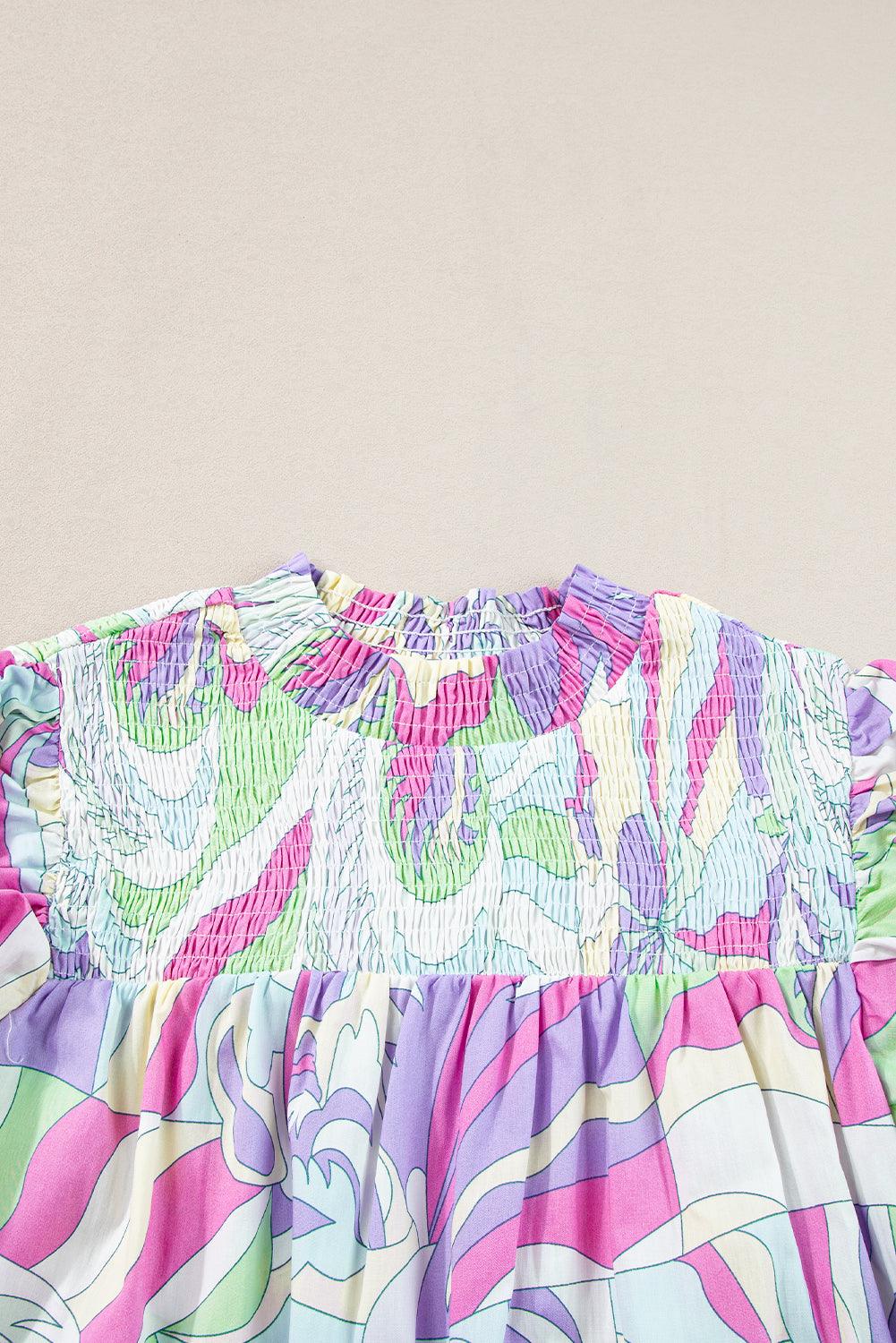 Green Abstract Print Bubble Sleeve Smock Detail Blouse