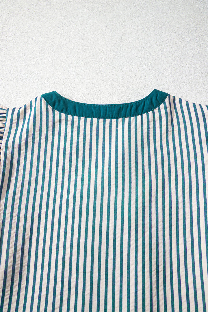 Green Stripe Double Ruffled Short Sleeve Contrast Trim V Neck Midi Dress