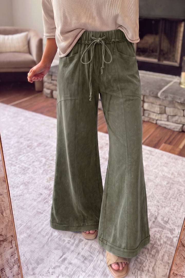 Ashleigh Blue Mineral Wash Seam Detail Flare Leg Drawstring Pants