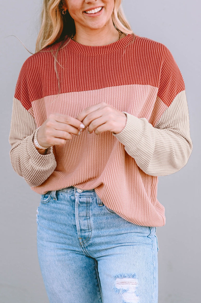 Rachel Block Long Sleeve Ribbed Loose Top