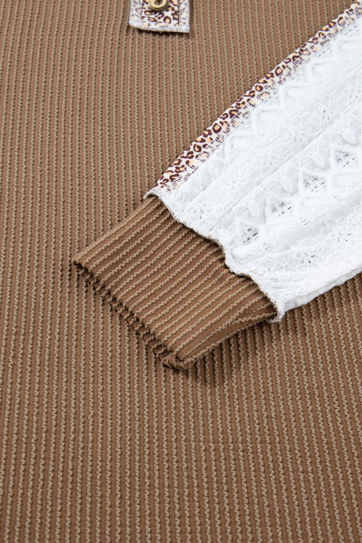 Dark Khaki Twisted Ribbed Leopard Lace Contrast Patchwork Long Sleeve Top