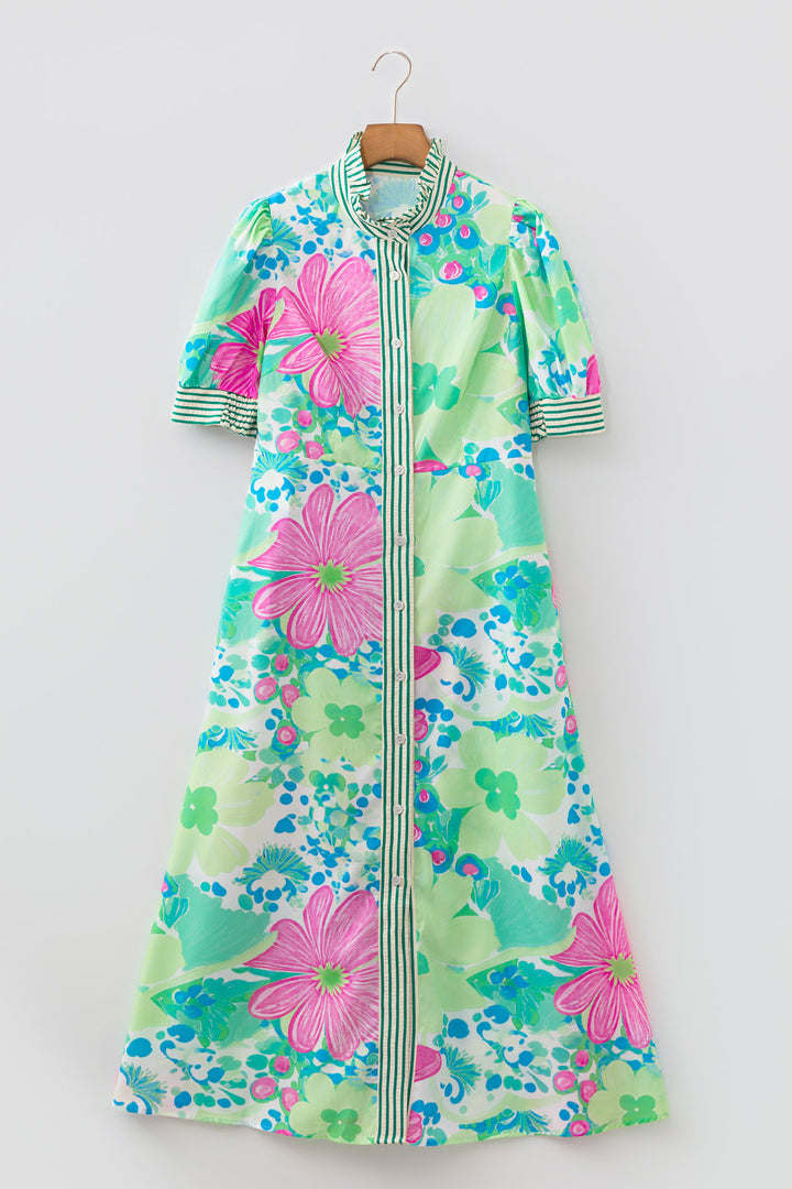 Pink Floral Print Striped Trim Button Down Short Sleeve Vacation Dress