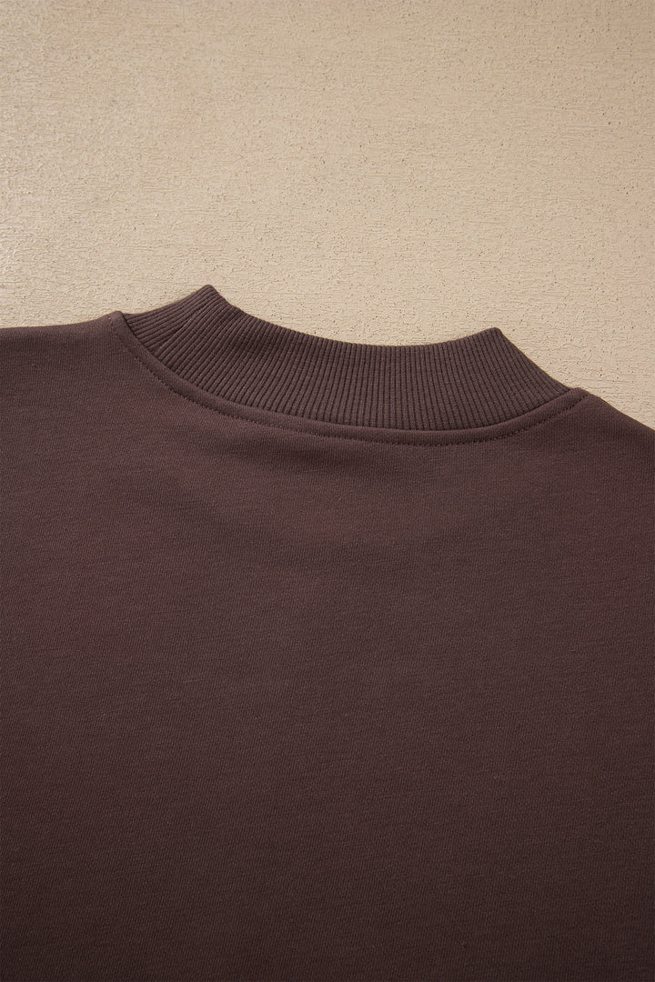 Coffee Solid Color Piping Trim Mock Neck Pullover Drawstring Pants Set