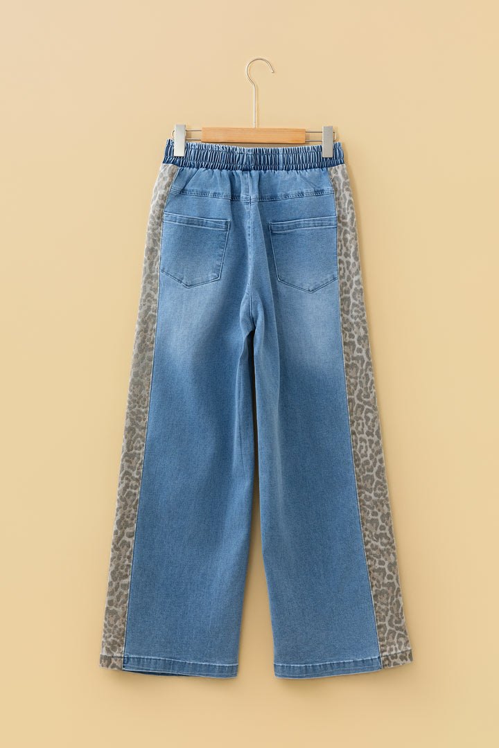 Beau Blue Drawstring Elastic Waist Leopard Striped Side Panel Wide Leg Jeans