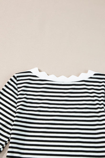 Black Striped Contrast Scallop Trim Half Sleeve T-shirt