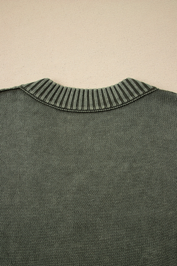 Four Leaf Clover Mineral Wash V Neck Knit Exposed Seam Drop Shoulder Loose Sweater