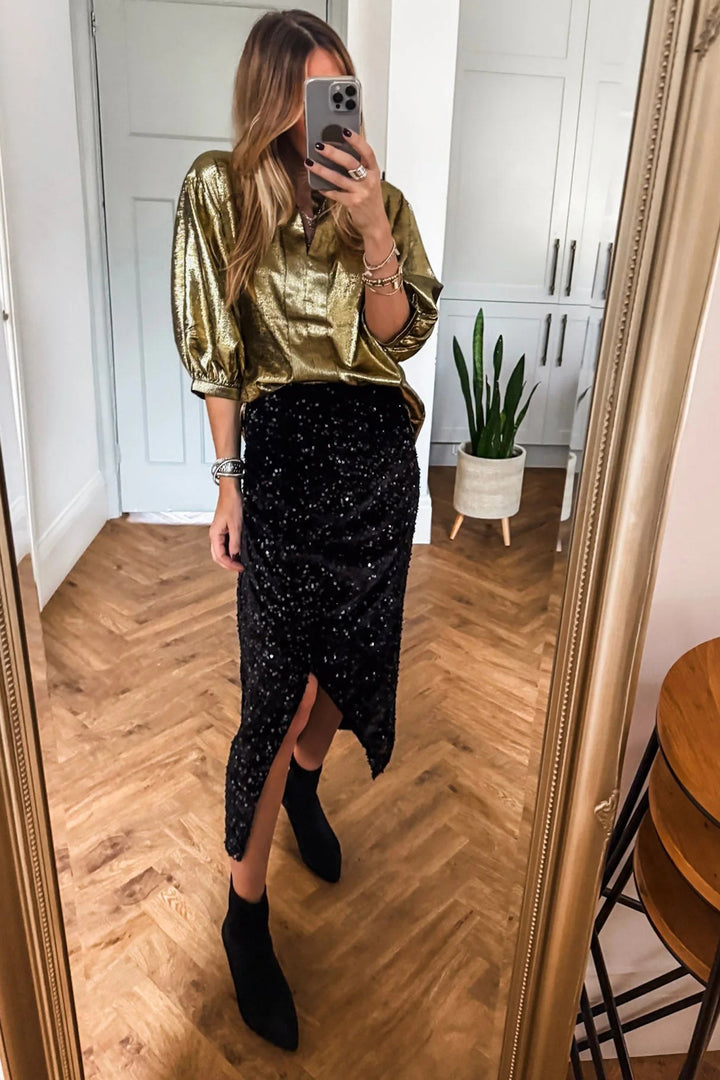 Gold Metallic Split Neck Half Sleeve Blouse