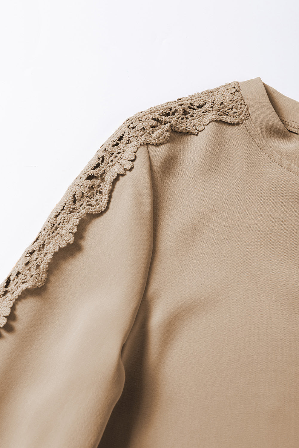 Light French Beige Lace Crochet Patched Crew Neck Top