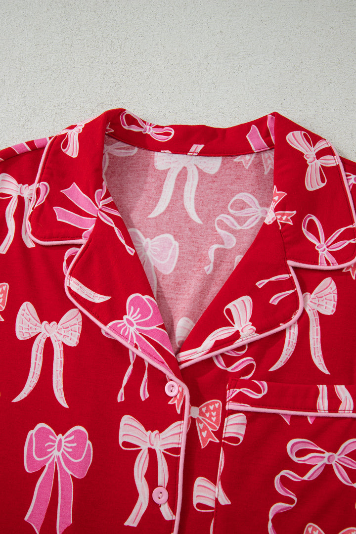 Red Sweet Bow Print Ruffled Short Sleeve Shirt Shorts 2pcs Pajama Set