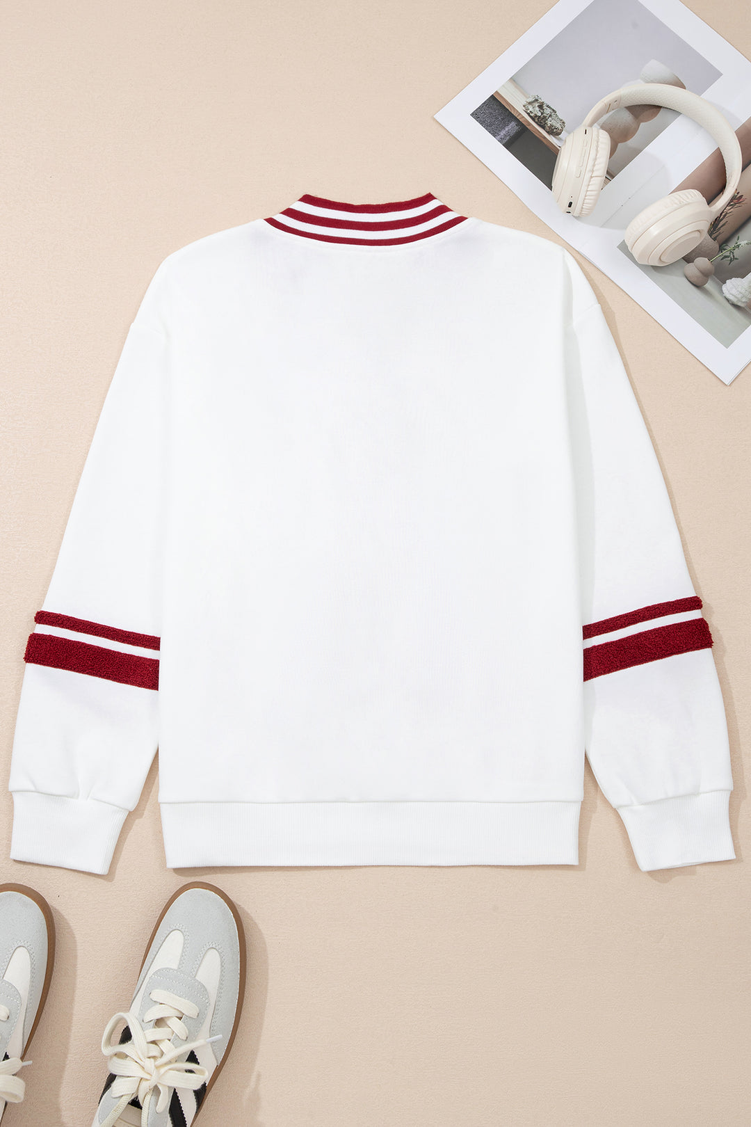 Red Dahlia Chenille Letter A Graphic Varsity Striped V Neck Puff Sleeve Sweatshirt