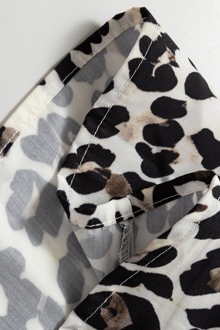 Multicolour Button Striped Collar Leopard Print Long Sleeve Flared Dress