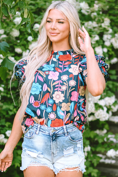 Green Trimmed Ruffle Sleeve Summer Floral Blouse