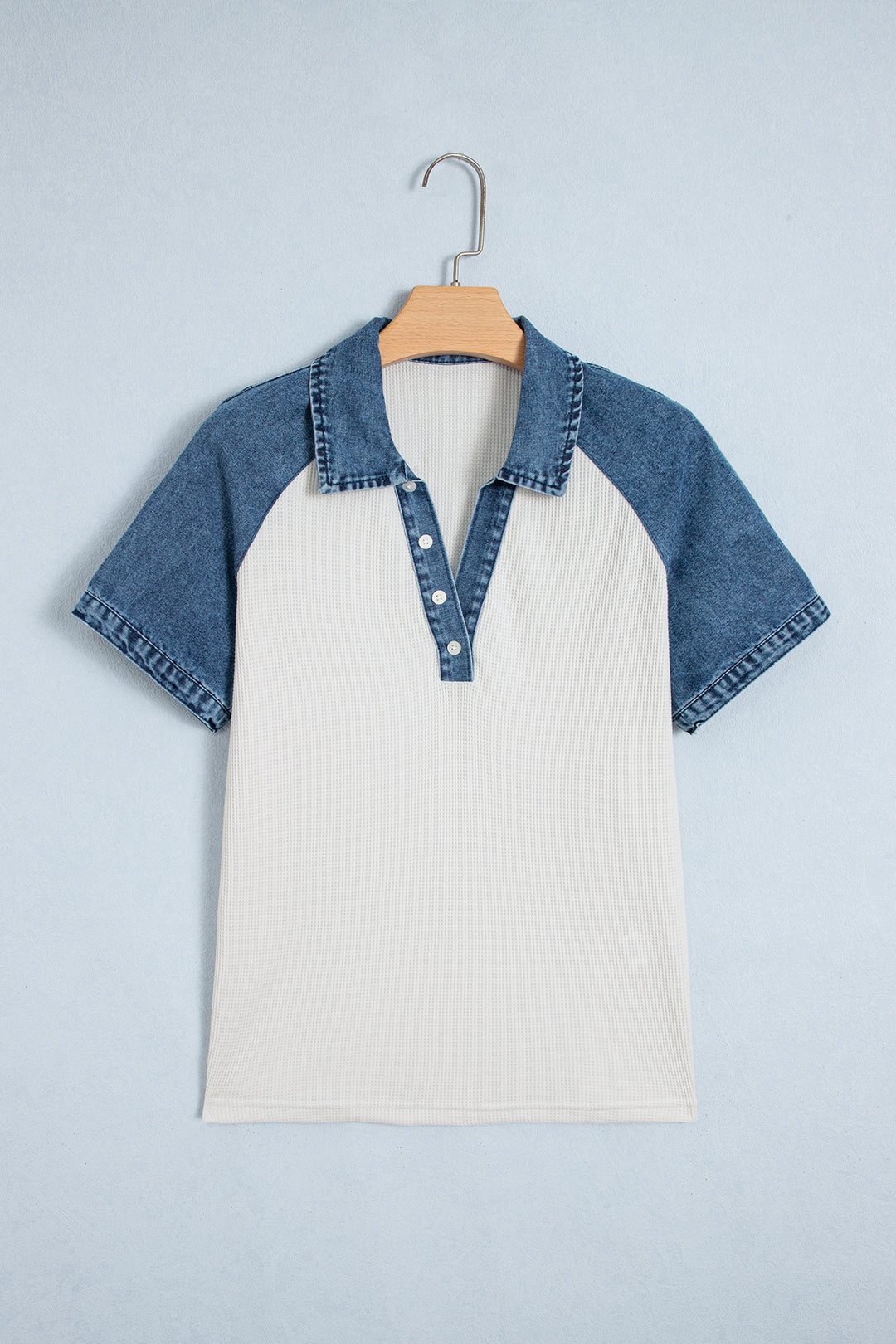 White Textured Color Block Denim Patchwork Polo Collar Tee