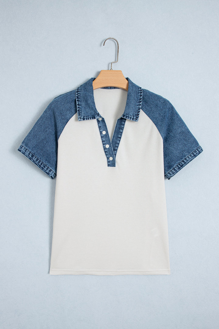 White Textured Color Block Denim Patchwork Polo Collar Tee
