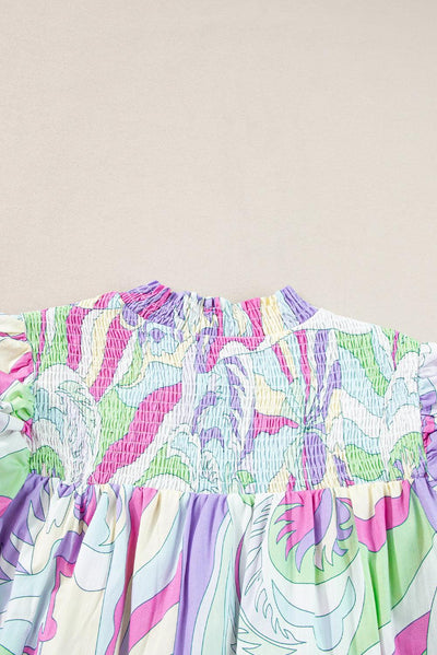 Green Abstract Print Bubble Sleeve Smock Detail Blouse