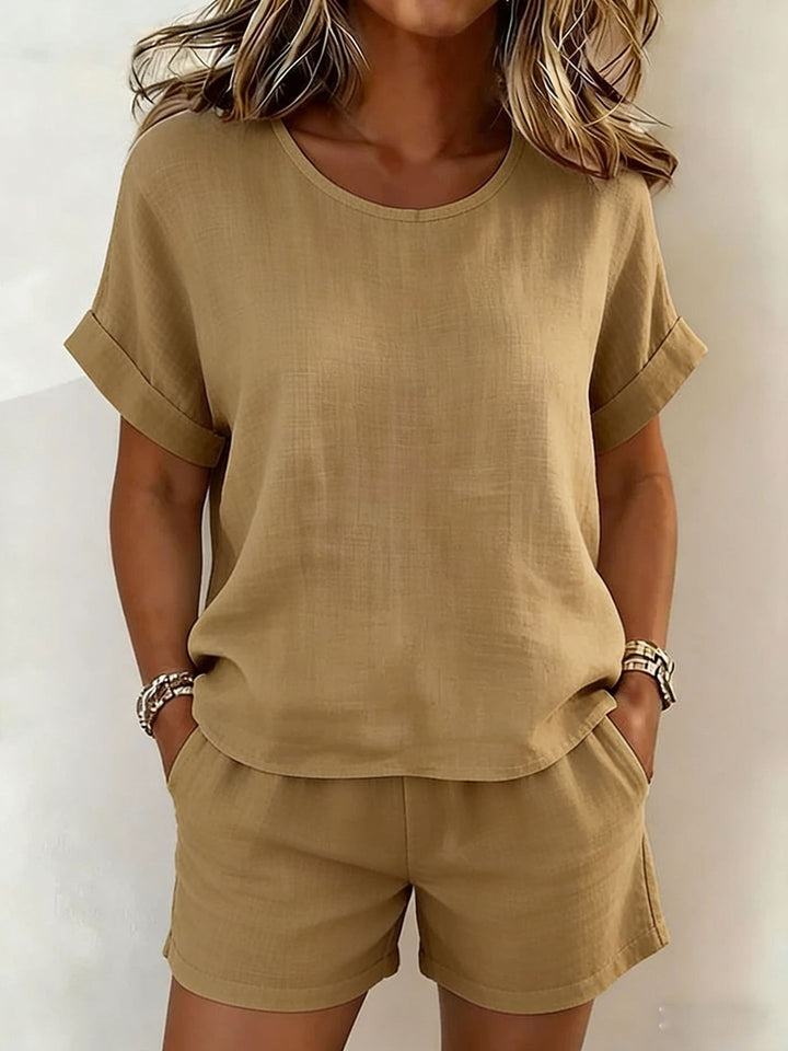 Solid-Color T-Shirt &amp; Shorts Set – Cotton Linen, 10 Colors
