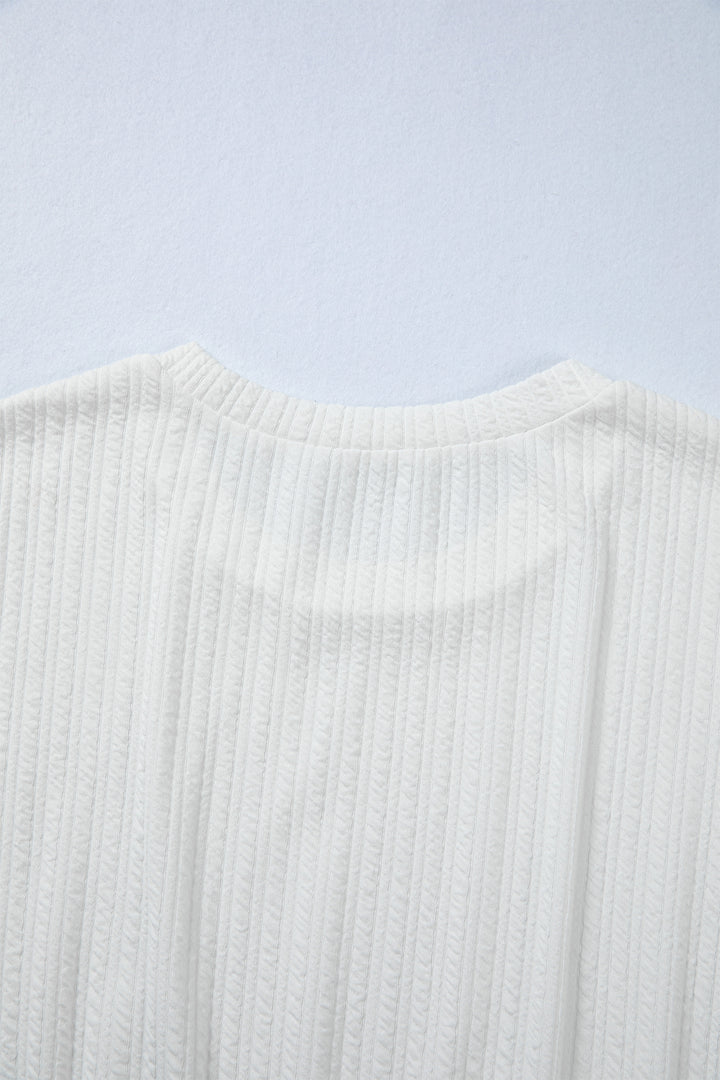 White Solid Color Textured Drop Shoulder Long Sleeve Peplum Top