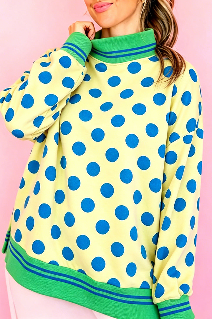 Rose Polka Dot Striped Trim Mock Neck Sweatshirt